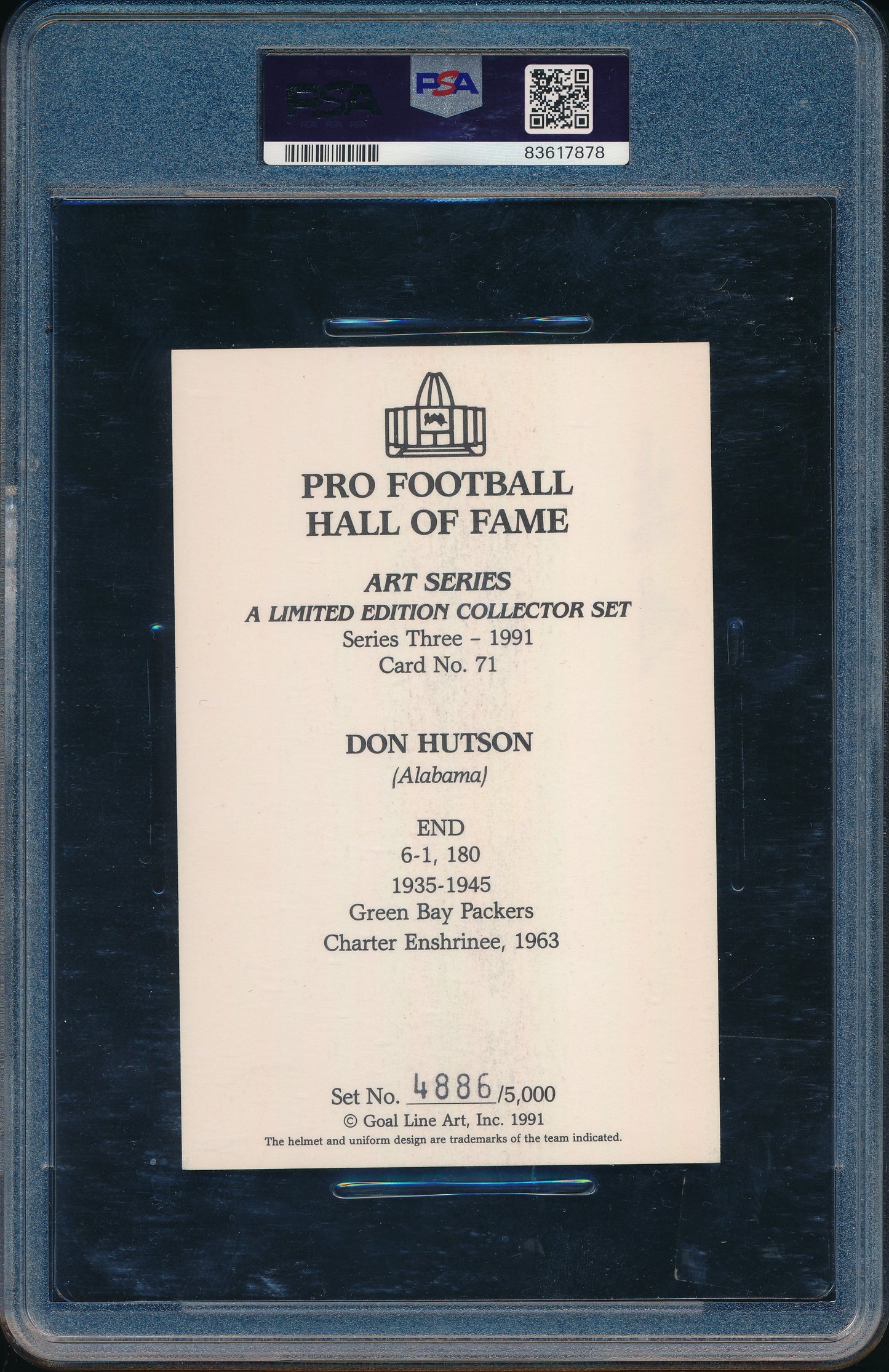 Don Hutson HOF Signed 1991 Goal Line Art GLAC Postcard PSA/DNA NM-MT 8 198348