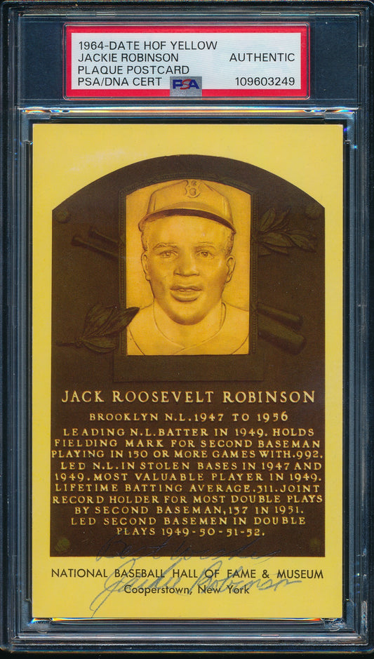 Jackie Robinson Signed/Inscr 3.5x5.5 1964 Hall of Fame Plaque Post Card PSA/JSA