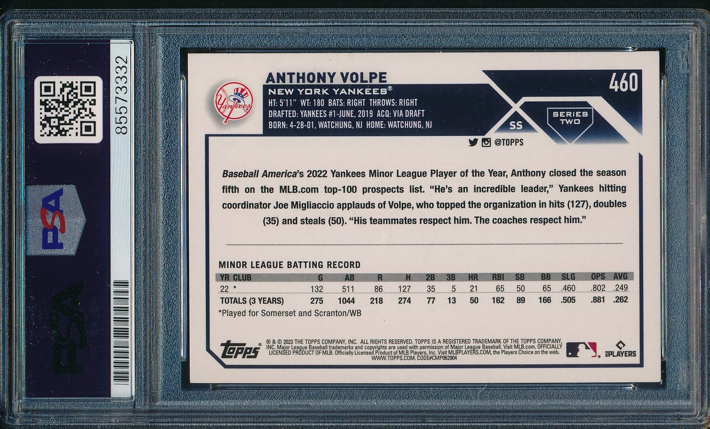 Anthony Volpe Signed/Auto On Card 2023 TOPPS RC Card #460 Yankees PSA/DNA 198488