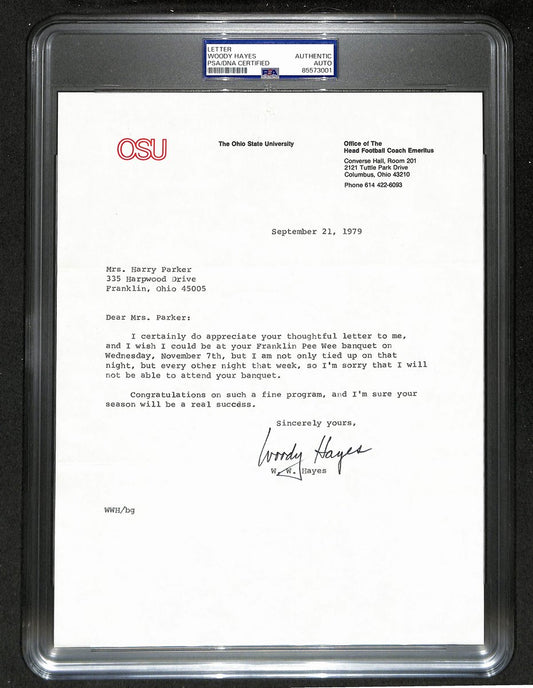 Woody Hayes Signed/Auto 9x11 1979 TLS Letter Ohio State Univ PSA/DNA 198790