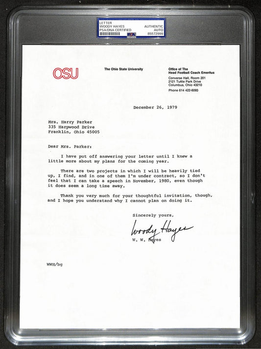 Woody Hayes Signed/Auto 9x11 1979 TLS Letter Ohio State Univ PSA/DNA 198791