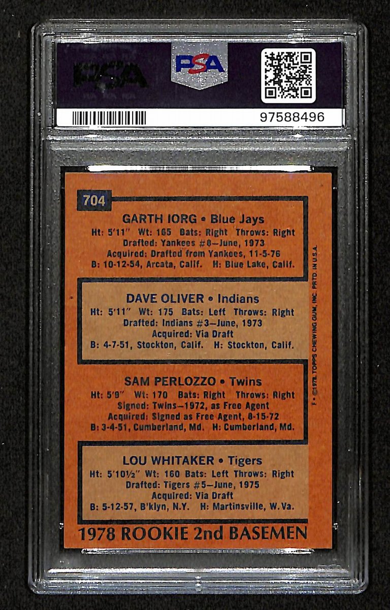 Lou Whitaker Signed On Card 1978 TOPPS Rookies Card #704 PSA/DNA Auto 9  198816