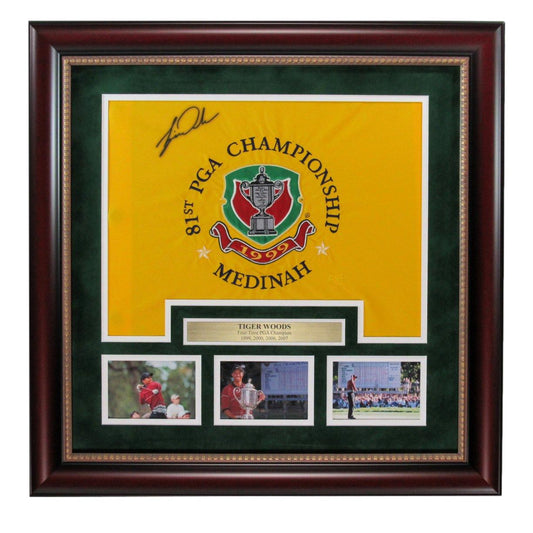 Tiger Woods Signed/Auto Yellow 1999 Medinah Flag Framed BAS/Beckett 197405