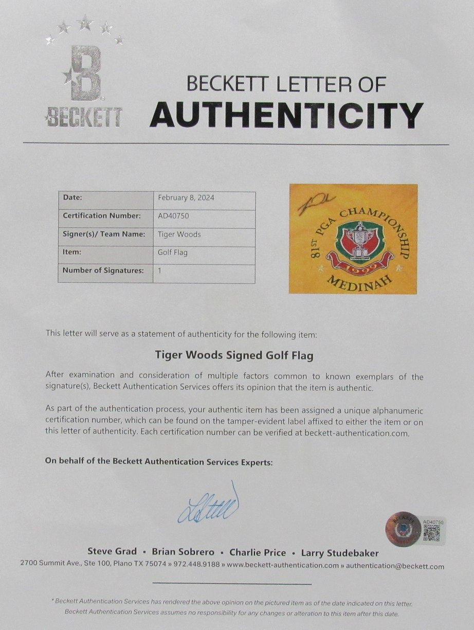 Tiger Woods Signed/Auto Yellow 1999 Medinah Flag Framed BAS/Beckett 197405