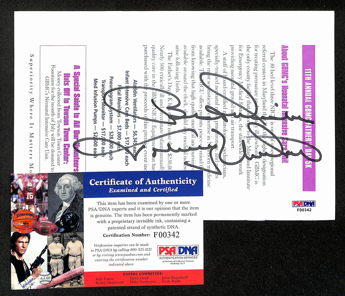 Johnny Unitas HOF Signed/Inscr 5.5x8.5 GMBC 1999 Pamphlet Colts PSA/DNA 198850