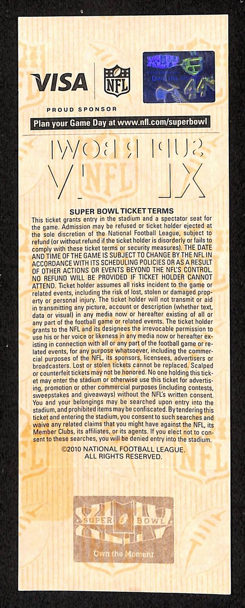 2010 Super Bowl XLIV Full Unused Mint Authentic Ticket Saints vs. Colts 198865