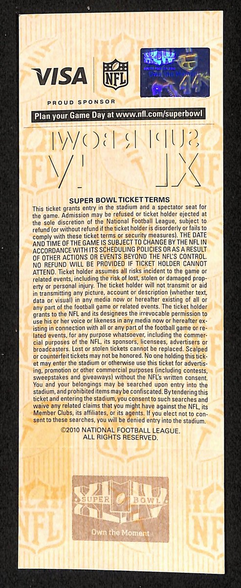 2010 Super Bowl XLIV Full Unused Mint Authentic Ticket Saints vs. Colts 198866