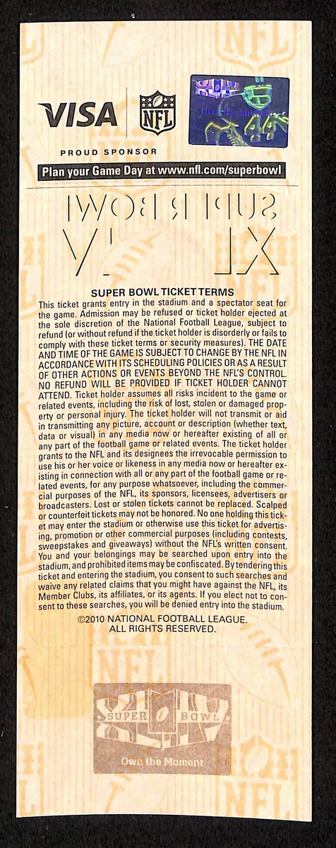 2010 Super Bowl XLIV Full Unused Mint Authentic Ticket Saints vs. Colts 198867