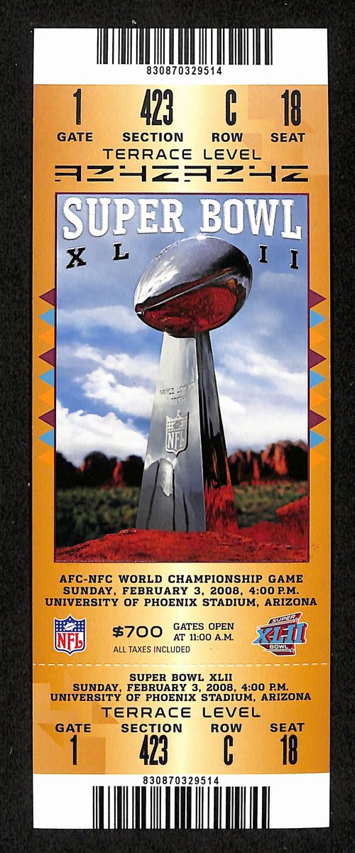 2008 Super Bowl XLII Full Unused Mint Authentic Ticket Giants vs. Patriots 19881