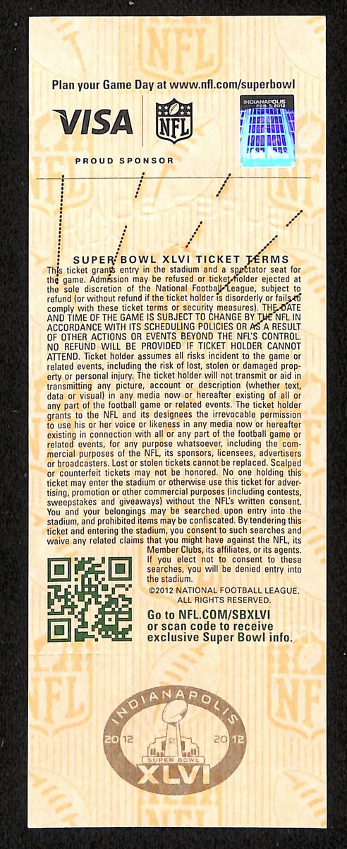 2012 Super Bowl XLVI Full Unused Mint Authentic Ticket Giants vs. Patriots 19887