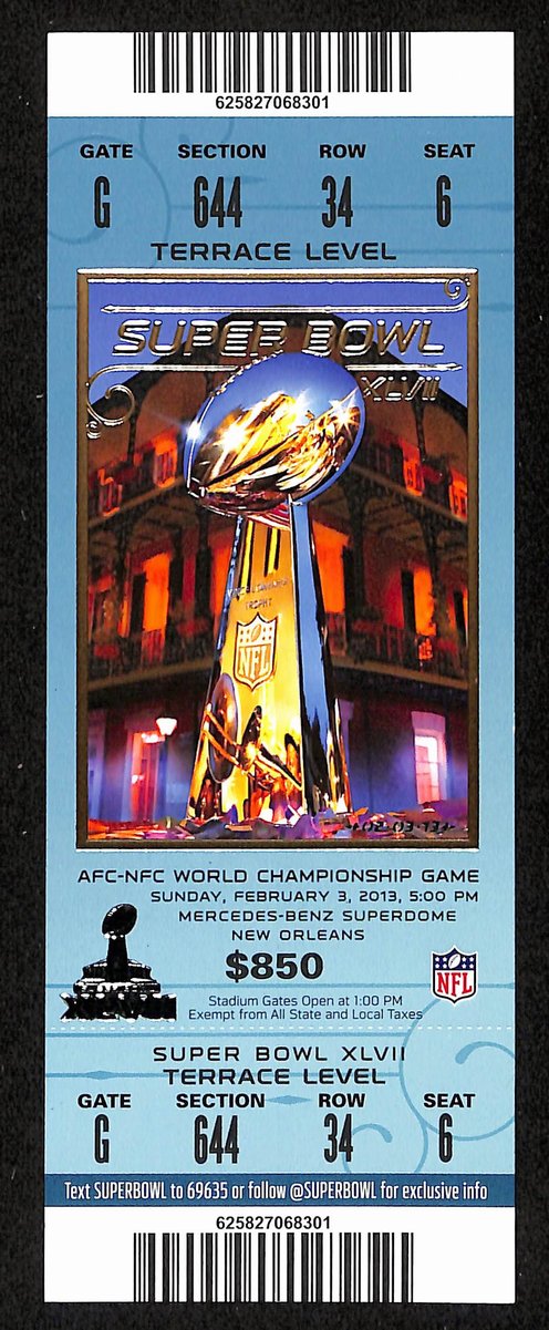 2013 Super Bowl XLVII Full Unused Mint Authentic Ticket Ravens vs. 49ers 198879