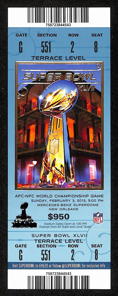 2013 Super Bowl XLVII Full Unused Mint Authentic Ticket Ravens vs. 49ers 198881`