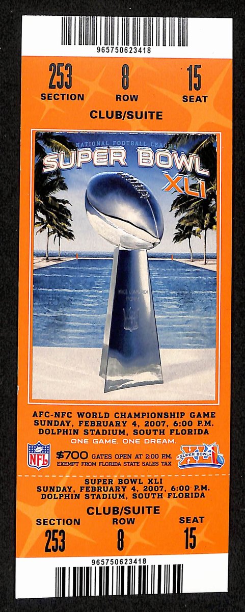2007 Super Bowl XLI Full Unused Mint Authentic Ticket Colts vs. Bears 198883