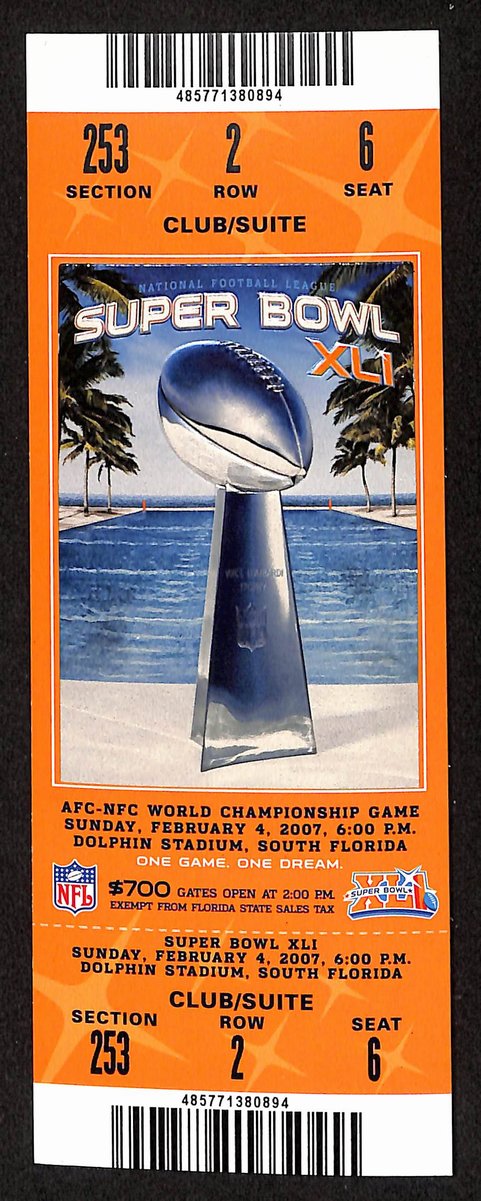 2007 Super Bowl XLI Full Unused Mint Authentic Ticket Colts vs. Bears 198884