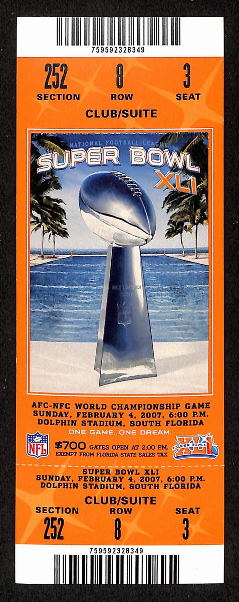 2007 Super Bowl XLI Full Unused Mint Authentic Ticket Colts vs. Bears 198885