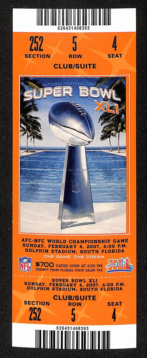 2007 Super Bowl XLI Full Unused Mint Authentic Ticket Colts vs. Bears 198886