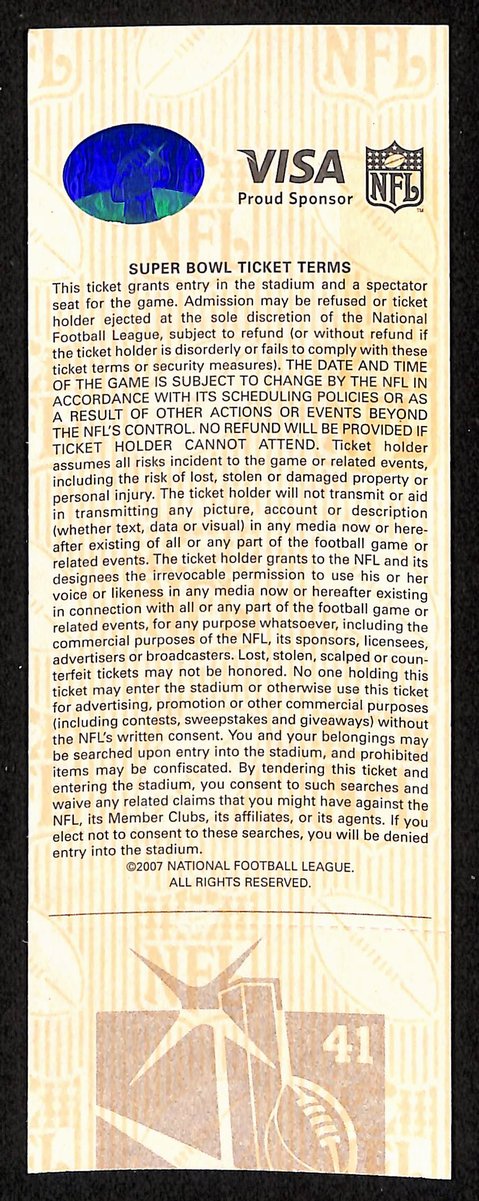 2007 Super Bowl XLI Full Unused Mint Authentic Ticket Colts vs. Bears 198886