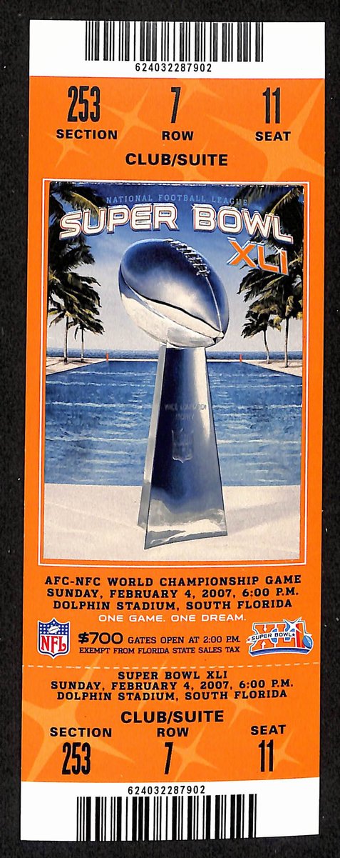 2007 Super Bowl XLI Full Unused Mint Authentic Ticket Colts vs. Bears 198887