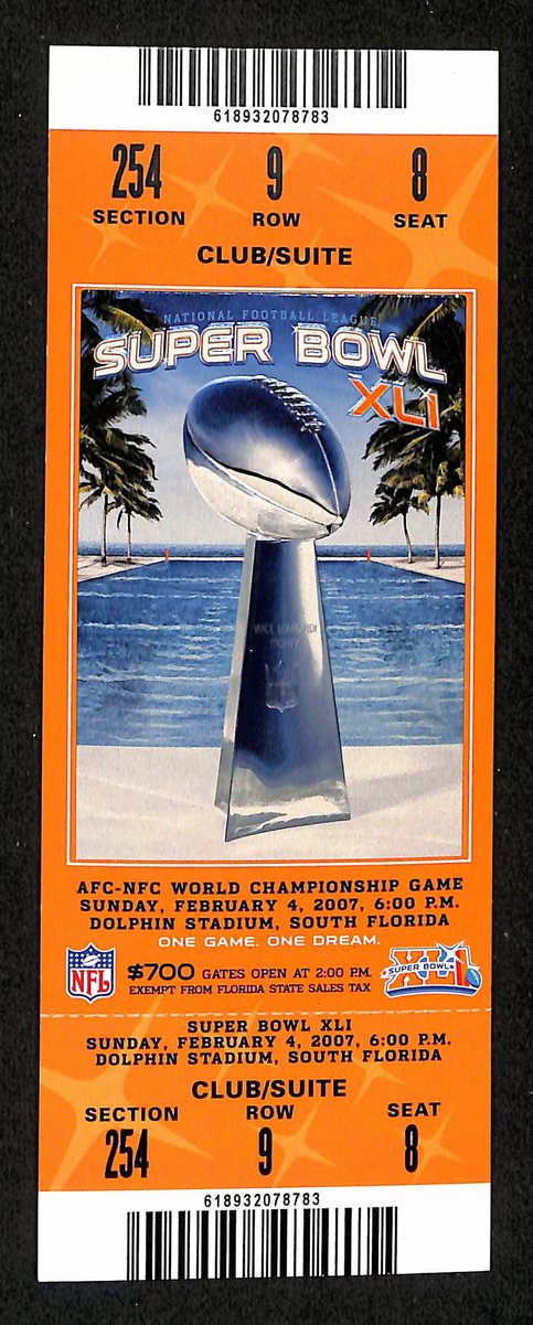 2007 Super Bowl XLI Full Unused Mint Authentic Ticket Colts vs. Bears 198889