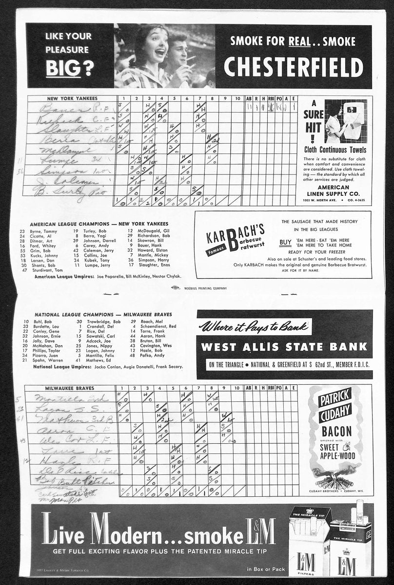 1957 World Series Program Milwaukee Braves vs. New York Yankees Scored 198890