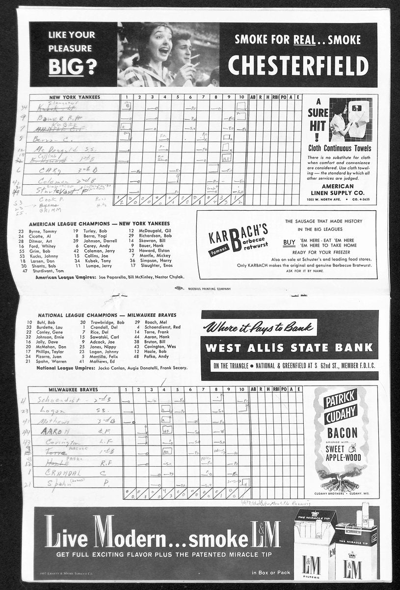 1957 World Series Program Milwaukee Braves vs. New York Yankees Scored 198891