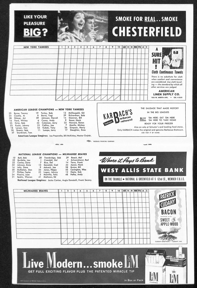 1957 World Series Program Milwaukee Braves vs. New York Yankees 198892
