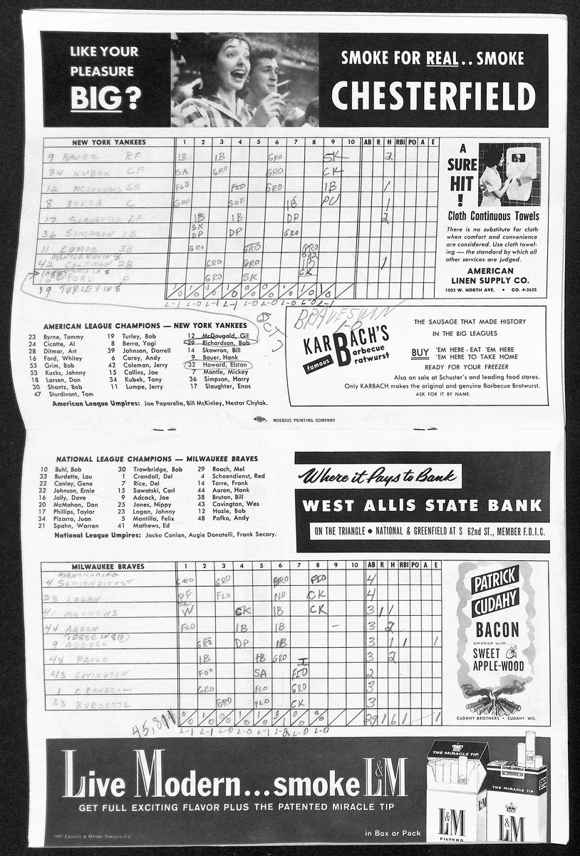 1957 World Series Program Milwaukee Braves vs. New York Yankees Scored 198893