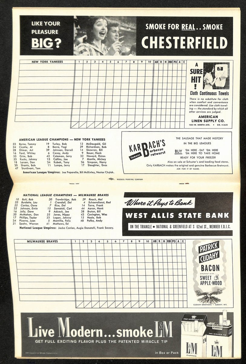 1957 World Series Program Milwaukee Braves vs. New York Yankees 198895