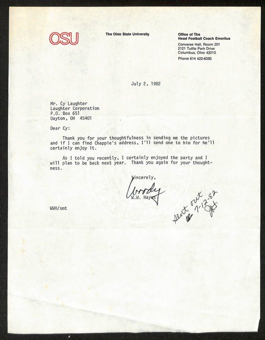 Woody Hayes Signed/Auto 9x11 1982 TLS Letter Ohio State Univ PSA/DNA 198790