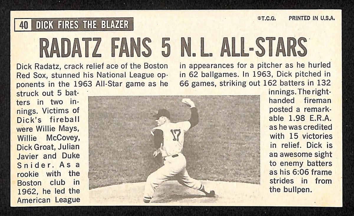 Dick Radatz Signed/Autographed 1964 TOPPS Giants Card #40 Boston Red Sox 199203