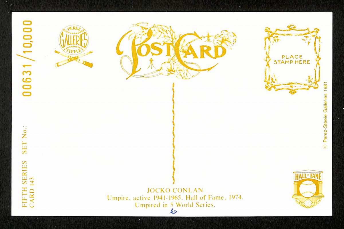 Jocko Conlan HOF Signed/Auto 1981 Perez-Steele Postcard #143 MLB Umpire 199182