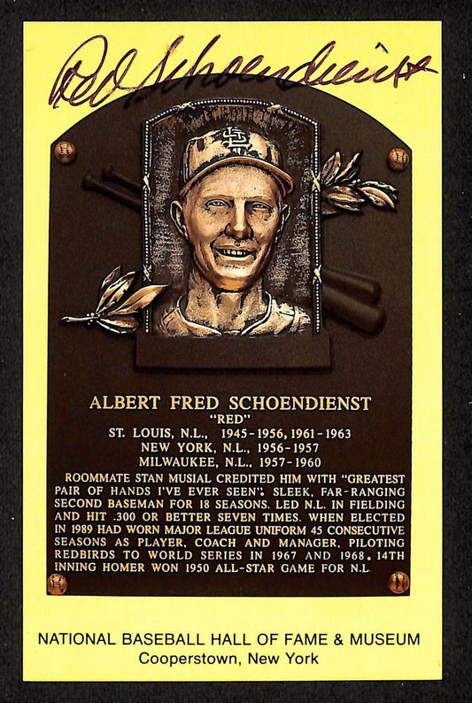 Red Schoendienst Signed/Auto Gold HOF Plaque Postcard St. Louis Cardinals 199214