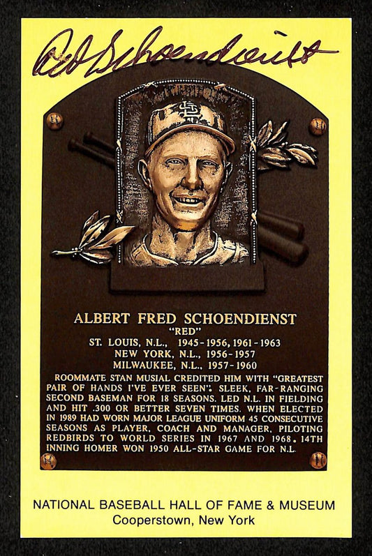 Red Schoendienst Signed/Auto Gold HOF Plaque Postcard St. Louis Cardinals 199215
