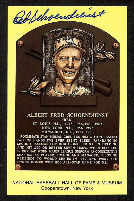 Red Schoendienst Signed/Auto Gold HOF Plaque Postcard St. Louis Cardinals 199216