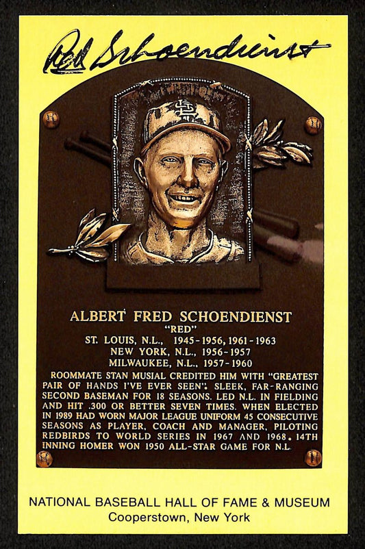 Red Schoendienst Signed/Auto Gold HOF Plaque Postcard St. Louis Cardinals 199217