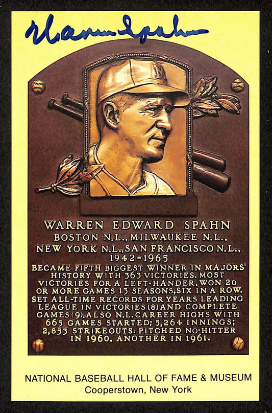 Warren Spahn Signed/Autographed Gold HOF Plaque Postcard Braves 199224