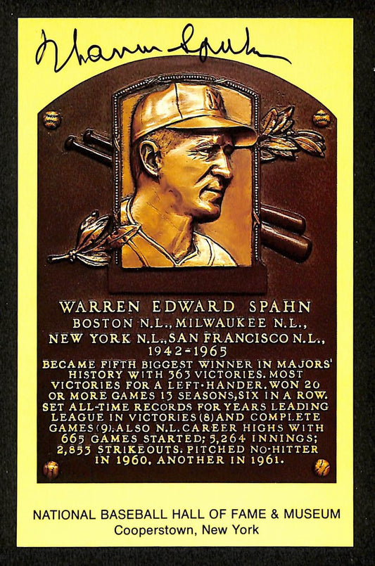Warren Spahn Signed/Autographed Gold HOF Plaque Postcard Braves 199233