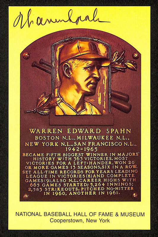 Warren Spahn Signed/Autographed Gold HOF Plaque Postcard Braves 199234