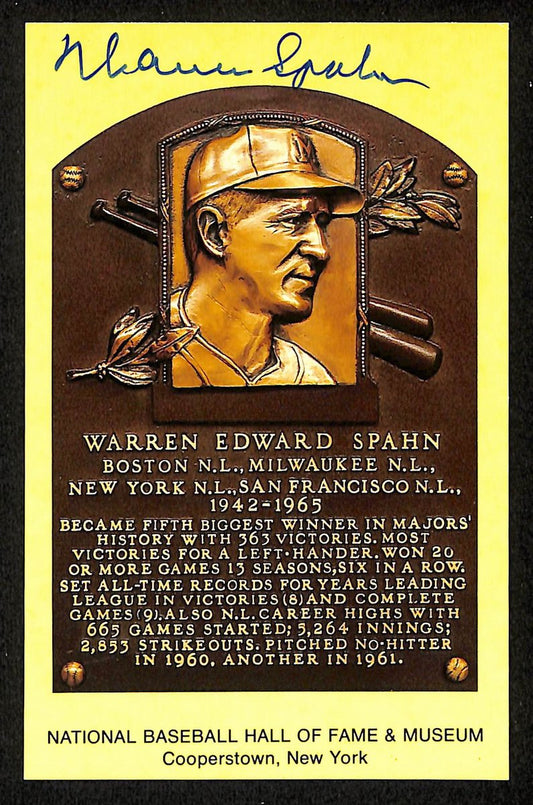 Warren Spahn Signed/Autographed Gold HOF Plaque Postcard Braves 199235