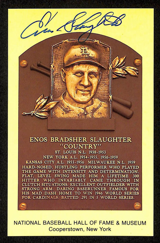 Enos Slaughter Signed/Auto Gold HOF Plaque Postcard St. Louis Cardinals 199236