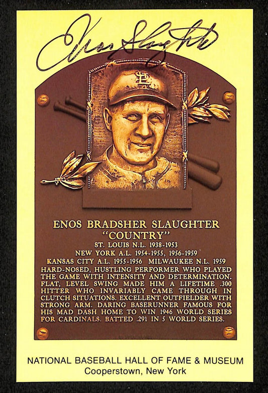 Enos Slaughter Signed/Auto Gold HOF Plaque Postcard St. Louis Cardinals 199237