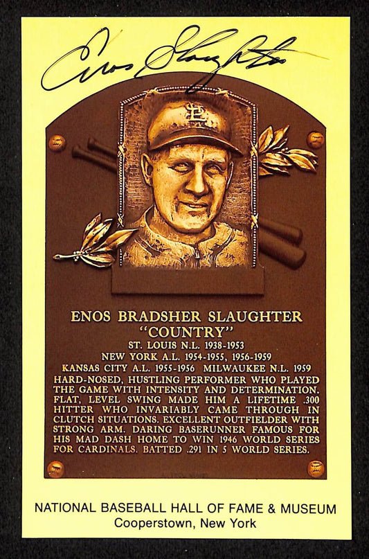 Enos Slaughter Signed/Auto Gold HOF Plaque Postcard St. Louis Cardinals 199238