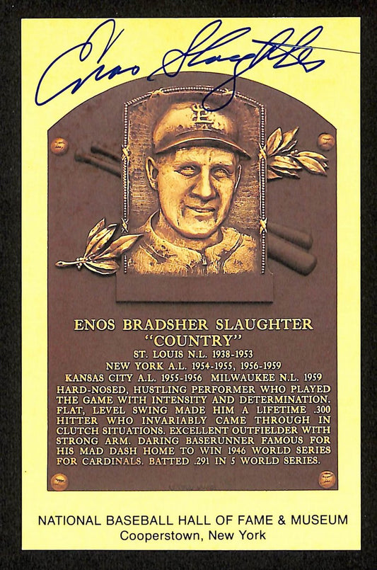 Enos Slaughter Signed/Auto Gold HOF Plaque Postcard St. Louis Cardinals 199240