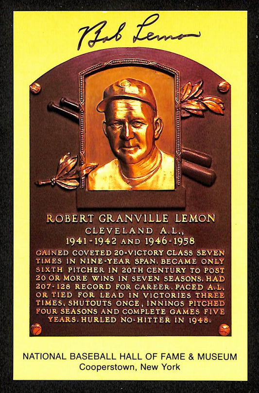 Bob Lemon Signed/Auto Gold HOF Plaque Postcard Cleveland Indians 199242