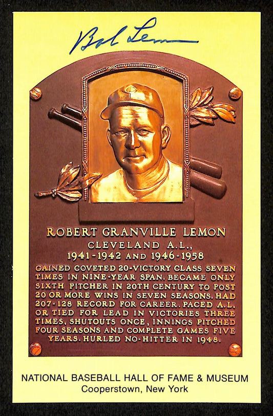Bob Lemon Signed/Auto Gold HOF Plaque Postcard Cleveland Indians 199243
