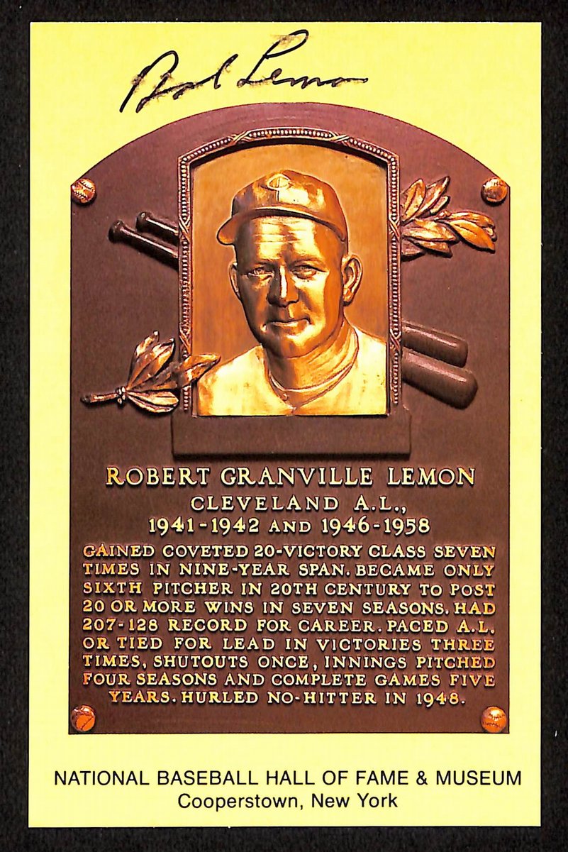 Bob Lemon Signed/Auto Gold HOF Plaque Postcard Cleveland Indians 199244