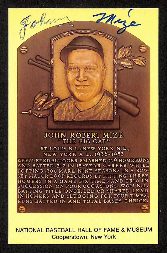 Johnny Mize Signed/Autographed Gold HOF Plaque Postcard New York Yankees 199253