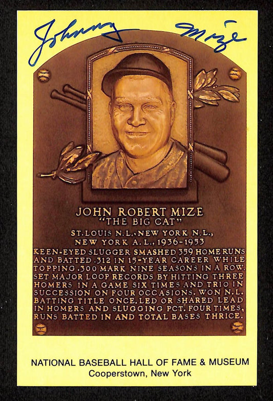 Johnny Mize Signed/Autographed Gold HOF Plaque Postcard New York Yankees 199254