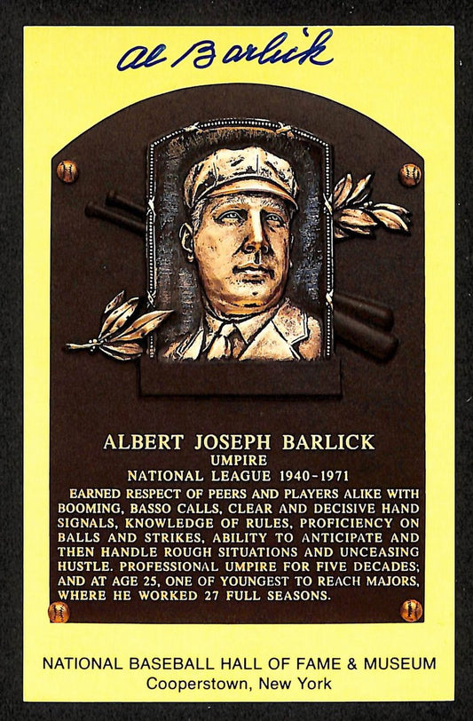 Al Barlick Signed/Autographed Gold HOF Plaque Postcard MLB Umpire 199261
