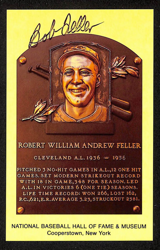 Bob Feller Signed/Auto Gold HOF Plaque Postcard Cleveland Indians 199267